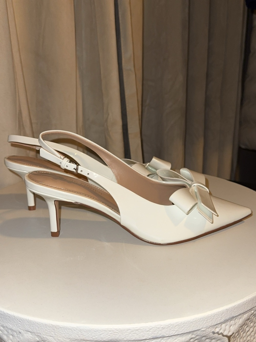 Marc Fisher Cream Pointed-Toe Slingback Kitten Heels with Bow
